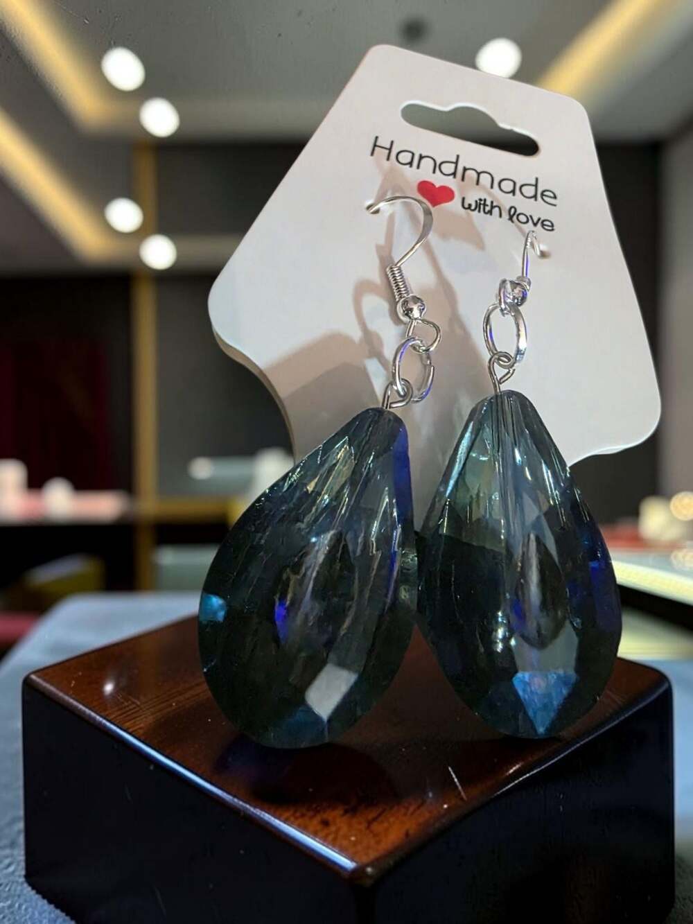 StyleandStone Bermuda Blue Faceted Teardrop Crystal Dangle Earrings